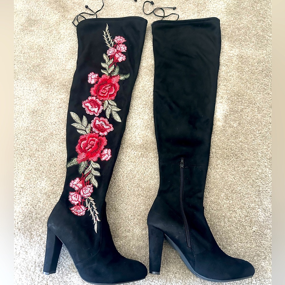 Thigh High Black and Floral Suede Boots size 8 1/2